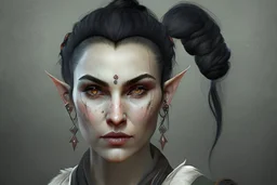 A Fantasy elf, a white male with black hair tied up in a bun, a scarred left eye. Full body