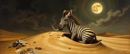 master oil painting by Rembrandt, good afternoon clay moon chill zebra smoking trickster golem peeking out of a sand twister whirlwind cocoon