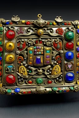 pectoral cuadrado, grande, con 12 gemas preciosas de diferentes colores y brillantes caricaturesco, colgado en el pecho de un sacerdote judio