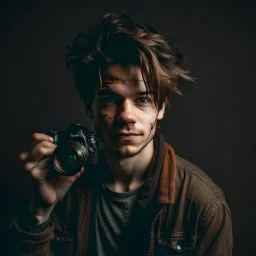 Brown haired man with a scar on his face casual 90s clothes and a camera grimdark art