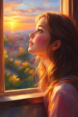 a girl looking out a window at the sunset, girl watching sunset, realistic cute girl painting, smiling girl, photorealistic anime girl render, looking at sunset, looking out at a sunset, cgsociety 9, beautiful character painting, portrait anime girl, beautiful anime portrait, photorealistic disney, by Victor Nizovtsev, sunset illustration