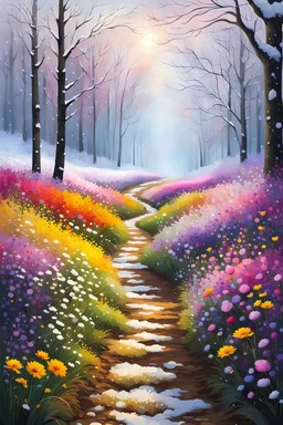 a field filled with lots of flowers next to a forest, footsteps in the snow, beautiful master painting, splashes of colors, path, very attractive and beautiful, mist, ( land ), pathway, color splashes, beautiful view, soft edges, stunning screensaver.