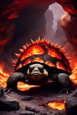 Fantasy art, magma tortoise god, entity of fire, resting within a volcanic cavern, spiky & rocky shell, black skin, intimidating presence