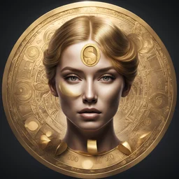 golden round money, magic magician's women face, front view