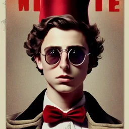 Timothée Chalamet willy wonka, red tinted sunglasses, black top hat, mask