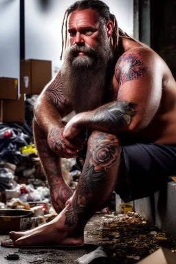 full figure shot frontal photography of a 40 year old dirty burly beefy gipsy carpenter wet sweat , tattoo, bullneck, long curly white beard , dreadlocks, manly chest, short white boxer, bulge, under the sun, sitting in the garbage outside an abandoned warehouse, misery and poverty, open legs, photorealistic, look at camera, very detailed , view from the ground , ambient occlusion