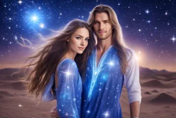 beautiful women with long hair, light eyes and blue brightness tunic, with a little sweety smile, with his boyfriend as a sweety strong cosmic warrior in peace. in a background of stars and bright beam in the sky