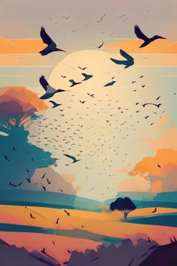 Landscape with birds flying on summer , abstract style