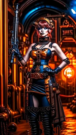 Full Body Photo Of A Steampunk Burlesque Woman With Straight Hair And A Fringe Hairstyle, Holding A Laser Gun, Sci-Fi Steampunk Background