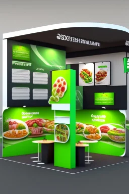 Corner green exhibition stand of a food company with product displays and a meeting area