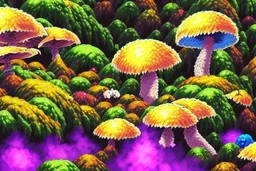 Fungi Forest: Bizarre fungi radioactive forest, hallucinogenic, surreal landscape, captivating flora and fauna, hazardous conditions, intricate details, vibrant colors,