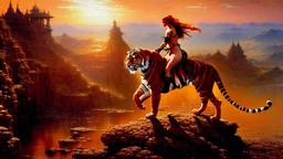 Drawing of beautiful face,'Red Sonja riding a Tiger',intense stare, ancient metal armor, balanciaga fashion clothe painting by gaston bussiere, greg rutkowski, yoji shinkawa, yoshitaka amano, tsutomu nihei, donato giancola, tim hildebrandt Oil on canvas, cinematic composition, extreme detail,fit full head inside picture,16k