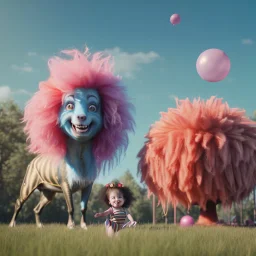 Ultra realistic circus scene. Sweet big hair monster. Child’s playing, smile, happy, color bubbles, smooth color, waist up view, Wes Anderson style, dark ambient, highly detailed, concept art, unreal engine 5, god rays, ray tracing, RTX, lumen lighting, ultra detail, volumetric lighting, 3d, finely drawn, high definition, high resolution.