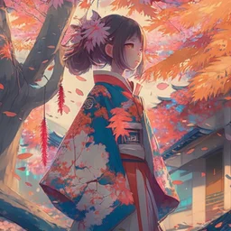 a girl wearing a kimono with ornaments and the leaves falling from the trees near a street filled with beautiful cherry trees futurism, digital art, anime, full details, high resolution, colorful, 4k, HD