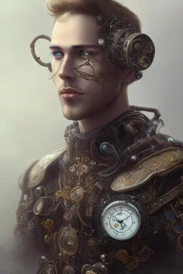 male quadriplegic Dökkálfar wearing a steampunk exoskeleton powered by gears, in fantasy style