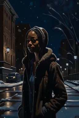 painting of singer Justine Skye on a dark street in the Bronx at night, it's snowing, dramatic scene, wide shot, dark moody scene, deep shadows.