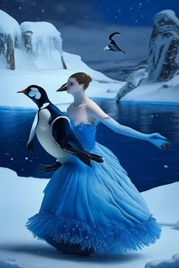 Cinderella in her blue dress dancing in Antarctica with a penguin in the snow