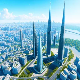 Aerial view of city on a (((twin planet))) of Earth in another galaxy, showing a diverse community. The skyline is dominated by tall skyscrapers with modern futuristic architectural designs, the streets are filled with people from diverse backgrounds. In the distance, a majestic bridge crosses a river and connects the city with a beautiful park on the other side.