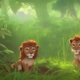 picture for children's book showing a cute baby lion behind tall grass in the jungle.