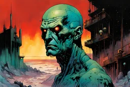 a surreal portrait of the inner workings of a disturbed mind as a nightmarish charnel house of seething pain , in the comic book style of Bill Sienkiewicz, and Jean Giraud Moebius , muted natural color, sharp focus, ethereal and filled with wonder