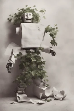 rollerflex photograph 1950s, dusty, robot made from toilet paper and infected with ivy, 4k, no