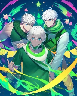 Young boy aged 14, determined, has short white hair, wears a green t-shirt with yellow stripes, wears a scarf with the colors of the rainbow, He is sad but looks ahead with a determined look, has light blue eyes, stars behind the character, and a colorful aura.