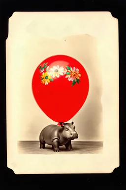 Hippopotame avec fleurs peintes, sur un balon rouge,, tintype
