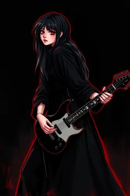 pretty goth girl(dressed in black flowing robes) rockin' on the guitar, leaning back, dark background, red outline, vignette, digital painting