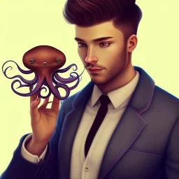 a masculine brunette gay austrian man with octopus plushie on head