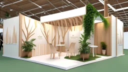 Corner exhibition stand in light colors with wood elements and greenery with two meeting areas