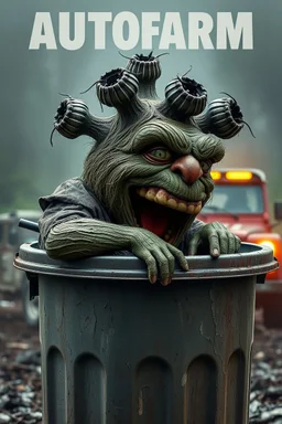 DIRTY EUROPEAN Oscar the AUTOFARM Grouch SESEME ST CHARACTER IN LARGE GARBAGE TRASH BIN,GARBAGE TRASH BIN, side profile, "GARBAGE TRASH BIN IN FRONT" man in super blackscary (((((autofarm)))))) TITLE in movie poster movie style horror look. as five headed mouth open, rough teeth, turn head around, landrover crash in background(&*&*^%$^#%$#%$^%$#^#$#^%#$^$#