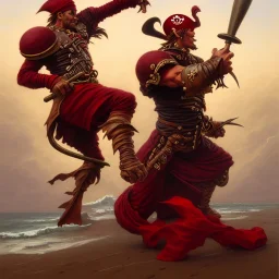 A mighty pirate warrior in dark red armor, throwing a football, beach background, style by peter mohrbacher, donato giancola, joseph christian leyendecker, wlop, boris vallejo