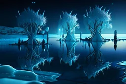 Ice blocks near one tree, night, lagoon reflection, sci-fi, epic,