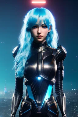 Smirking Cyborg anime assassin, light blue hair, blue eyes, waist up portrait, 8k resolution, intricate details, ornate details, soft lighting, vibrant colors, retroanime, masterpiece, intricate eyeliner, dark eyeshadow, eyes, intricate tattoos, futuristic cityscape background