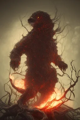 Full body photography of ethereal ANGRY PET , Fire theme art, Dark moody night atmosphere, by Michelangelo, 8K, high body details, anatomically perfect body, oak tree roots, purple, red,