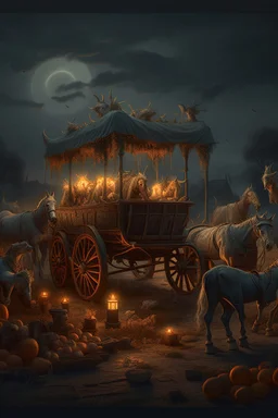 Bosch nightmares paint inf style Title: "wagon with horses, inside it candles light , insanely detailed octane render trending on artstation, 8k artistic photography, photorealistic concept art, soft natural volumetric cinematic perfect light, chiaroscuro, award-winning photograph, masterpiece, oil on canvas, Raphael, Caravaggio, Greg Rutkowski, people, beksinski, Giger