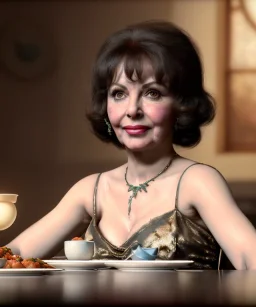 Ultra realistic photographic portrait, Gina Lollobrigida woman sitting with arms resting on Italian kitchen table, ravioli dish, renaissance style decoration, soft color, highly detailed, unreal engine 5, ray tracing, RTX, lumen lighting, ultra detail, volumetric lighting, high definition.