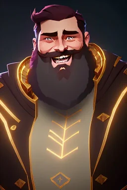 Bearded strong man wearing a thick fur-lined merchant's coat, wearing gold rings, divine, halo, happy smiling, portrait, high definition, realistic, long hair, dynamic lighting, volumetric lighting