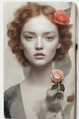 Model lily cole face, a rose, , collage in a notebook