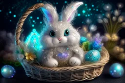 cute chibi plushy fluffy knitted and embroidered natural colored easter bunny in basket, feathers, easter eggs, iridescent flowers incorporated, light emitting, cracked bioluminescent holographic marble background, silver foil, sparkling diamonds, holographic raw pearls, ethereal, cinematic postprocessing