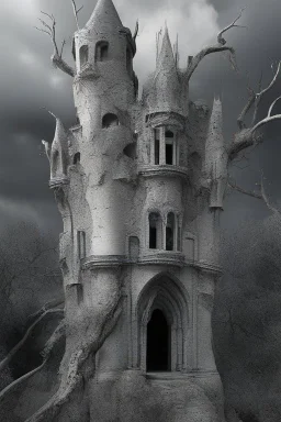 surrealis monochrome A fragmented, surreal sculpture liguid color of photorealistic image 3d,psychedelic art of an castle glossy emerging from dreamlike a crumbling building. The face appears pale with deep cracks and intricate details, evoking a haunting expression. Blackened tree branches intertwine with the gold mengkilat cracks, set against a backdrop of stormy, cloud-filled skies. bauhaus art The overall tone is dark and moody, suggesting themes of decay and transformation.