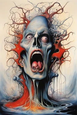 moral hazard, who do you love when it comes undone, asymmetric neo surrealism, by Gerald Scarfe, liquid matte oil paint, struggle of sentience, treacheries of an aging bladder, colorful, by Stephen Gammell