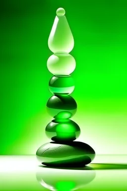 large and small glass balls imitate the silhouette of a person, are on stones, balanced on bamboo stems on top of each other, light green background, bright glow