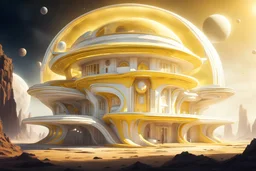 PALAZZO FUTURISTICO GIALLO E BIANCO DI 3 PIANI NELLO SPAZIO CON STELLE E PIANETI E RAGGI DI SOLE