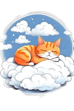 orange cat with stripes in heaven sleeping on a cloud