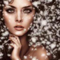 wonderfull brazilian woman, curves, platinum long hair, hair covering one eye, ultradetailed fine art photo of a brazilian , weet face portrait, snow flakes particles, 35 mm