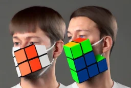 A single, tall Rubik cube face mask, Orange, white, blue, green