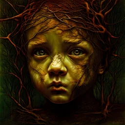 The Face of Childhood Trauma Taking Root, by Peju Alatise & carne griffiths & Zdzisław Beksiński, full head & neck depicted, clean, clear accurate facial features, symmetrical eyes,deftly depicted with incredible expressiveness & depth, visibly furrowed brow, distinct tree roots & branches Modifiers: sharp focus realistic elegant fantasy Zdzisław Beksiński no text insanely detailed Surrealism Tom Bagshaw Engraving accurate and proportional human anatomy reflective lighting symmetrical eyes Ver