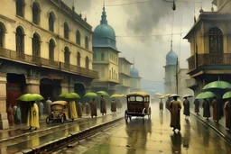 Oil painting of old city lahore in 1930s rainy day