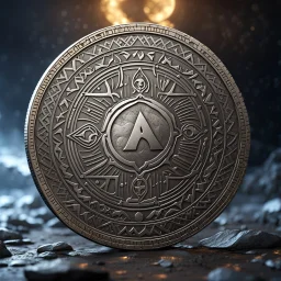 a silver coin called a moon standing on edge. ancient viking runes. flat coin. show one whole coin front on at a distance. fantasy concept art, exquisite realism, a masterpiece, dynamic lighting, hyper detailed, intricately detailed, deep color, Unreal Engine, volumetric lighting , Epic cinematic brilliant stunning intricate meticulously detailed dramatic atmospheric maximal,